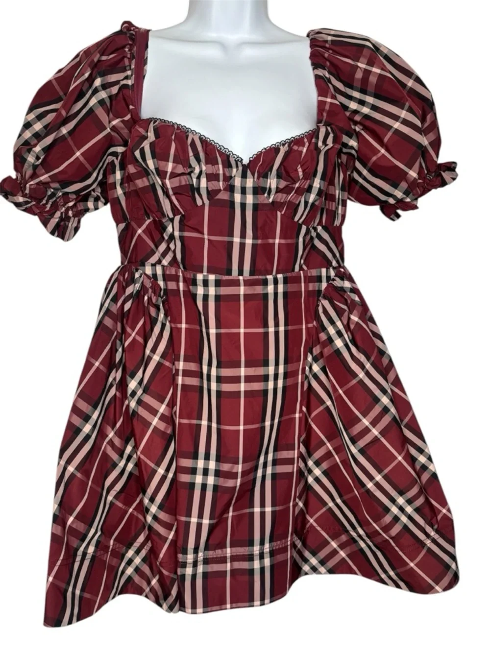 Anthropologie Mauve Burgandy tartan plaid puff sleeve mini dress  sz  Med NWT - Picture 4 of 10